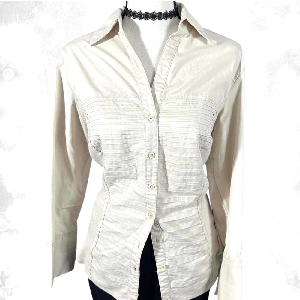 Office Siren Cream Ribbed Long Sleeve Button Up Top